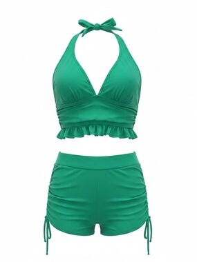 Women’s Emerald Green Halter Bikini Set with Ruched Swim Shorts